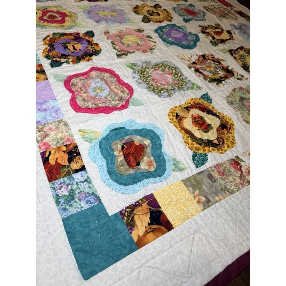 French Roses Quilt Blanket Handcrafted 59x59 Wall Hang Sleeve Raw Edge Applique